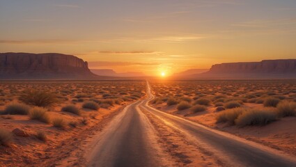 A desert sunset road could be found in the middle of nowhere if there is no greenery or water, with a dirt pavement on the ground. This is a painting.