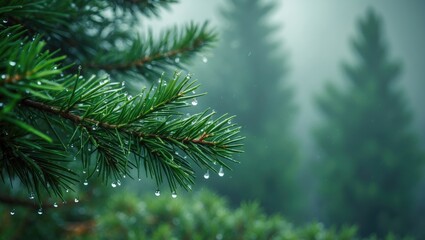 Obraz premium Details of a wet pine tree immediately after rain, capturing a moody atmosphere along with the fresh scent of pine woods in the morning in eastern Bohemia.