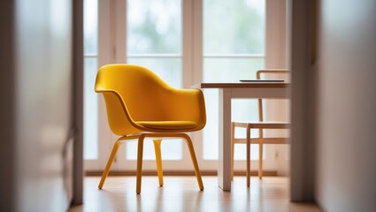 Designerâ€™s yellow chair beside a minimalistic table in the living room with a workspace adjacent to the window