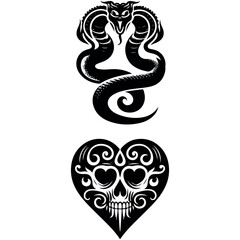 Naklejka premium Tattoo Silhouettes Skull Serpent Heart Designs