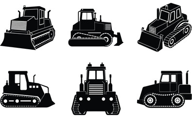 Bulldozer Silhouette Vector Set – Heavy Equipment Collection Featuring Crawler Tractors, Front Blades, and Rugged Designs for Earthmoving, Construction, and Demolition Projects © Wasim