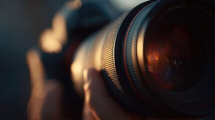Close-up of a camera lens, held by a hand, in warm golden light
