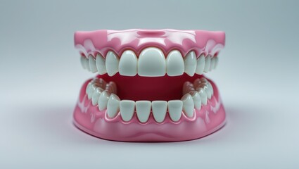Obraz premium Dental model of teeth top view isolated on background, showing artificial crowns, gums, and implants.