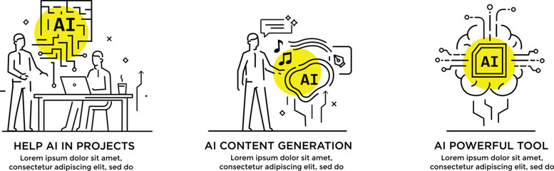 Set of illustrations artificial intelligence helps humans. technology, partnership, artificial intelligence business robot, cybes. linear illustration Icons infographics. Landing page site print
