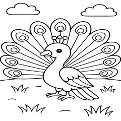 A majestic peacock displays its fully fanned tail feathers, drawn in a detailed black-and-white outline suitable for coloring.