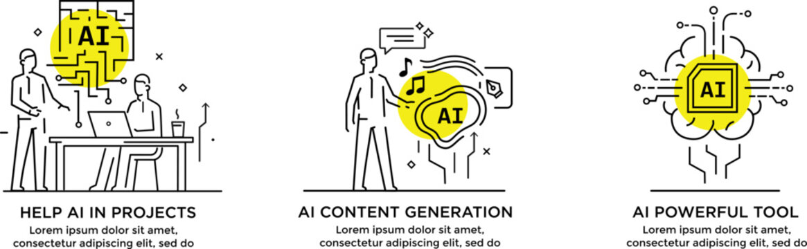 Set of illustrations artificial intelligence helps humans. technology, partnership, artificial intelligence business robot, cybes. linear illustration Icons infographics. Landing page site print
