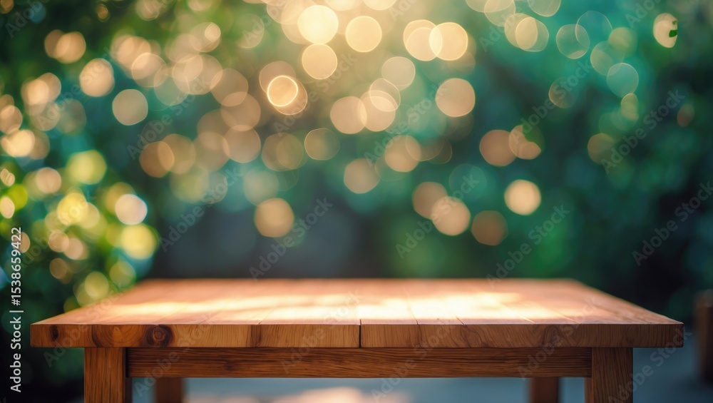 Aufkleber empty wooden table with abstract green spring bokeh.
