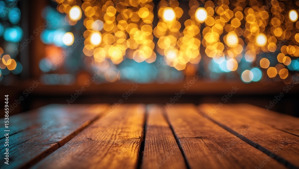 Poster empty wooden table seen from above on blurred light golden bokeh, bar setting on a dark background f