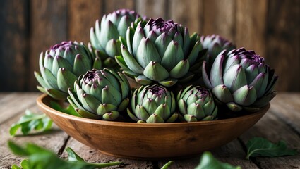 Fototapeta premium Freshly harvested artichokes rest in a rustic wooden bowl, embodying the essence of local ingredients and the philosophy of slow living. Their rich texture emphasizes a culinary journey.