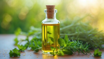 Fototapeta premium Pure essential oil featuring a Rosemary Sprig isolated on a white background