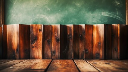 Empty wooden table against a green chalkboard background intended for product display.