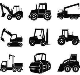 Construction & Heavy Machinery Silhouette Vector Set – Industrial Equipment Collection Featuring Excavators, Bulldozers, Cranes, Dump Trucks, Loaders, and Trenchers for Engineering and Site Work Theme