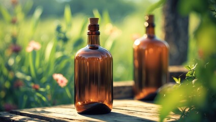 Essential oil in a small bottle and medicinal flowers and herbs arranged on a wooden board