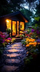 Fototapeta premium Illuminated garden shed, stone path, twilight flowers, peaceful retreat