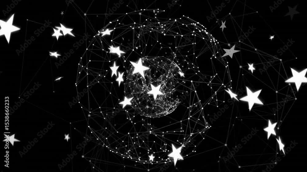 Poster materializing point-cloud sphere, forming wireframe mesh while stars orbiting for network demo