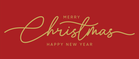 Golden Merry Christmas handwritten calligraphy isolated on red background. Vector holiday illustration element. Linear Merry Christmas lettering.
