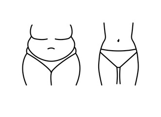 Fat and slim body icon. Before and after weight loss woman figure illustration. Slim and fat waist icon, female silhouette