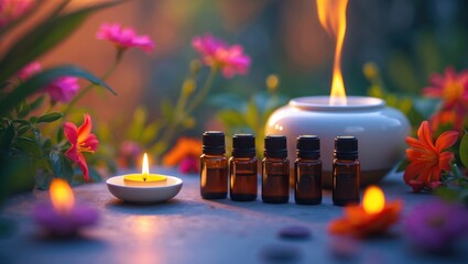 Essential oils for aromatherapy treatment used in holistic healing and relaxation processes.