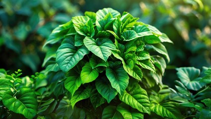 Close-up of bright green Curcuma Longa (turmeric) leaves with dew drops. Turmeric may assist in combating infections and certain cancers, decrease inflammation, and address digestive issues