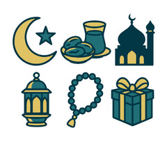 Ramadan icons in flat blue and gold design