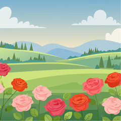 Fototapeta premium Serene Rose Garden Landscape Rolling Hills and Blooming Roses