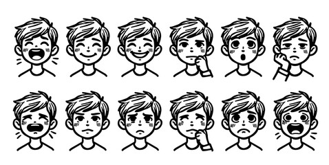 Kids emotions set in cartoon style. Cute boy faces expressions collection. Emotional intellect poster for children. Vector illustration
