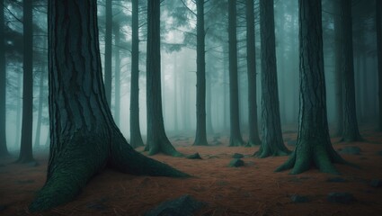 Eucalyptus tree trunks amid a foggy landscape, Photograph of Pine Forest, Kodaikanal