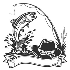 Jumping Trout Fish with Rod and Fisherman's Hat - Vintage Vector Illustration