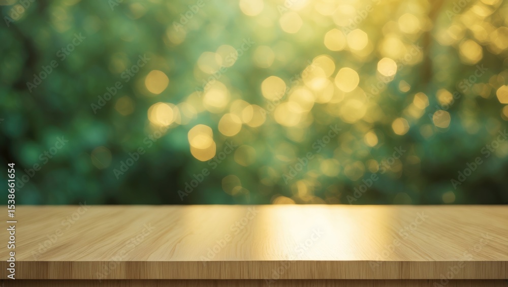 Poster empty wood table top against a blurred abstract background, suitable for product montage display or 