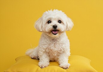 Obraz premium A cute bichon frise dog posing on a yellow pillow for a pet portrait. Adorable pup for animal related content and dog lover merchandise.