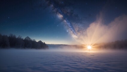Empty night nature scene featuring a starry sky, rays of the spotlight, and a snowy winter night background.