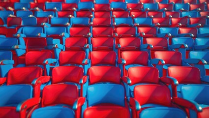 Naklejka premium Empty Auditorium Seating Rows In An Interior Venue Featuring Rows Of Blue And Red Chairs