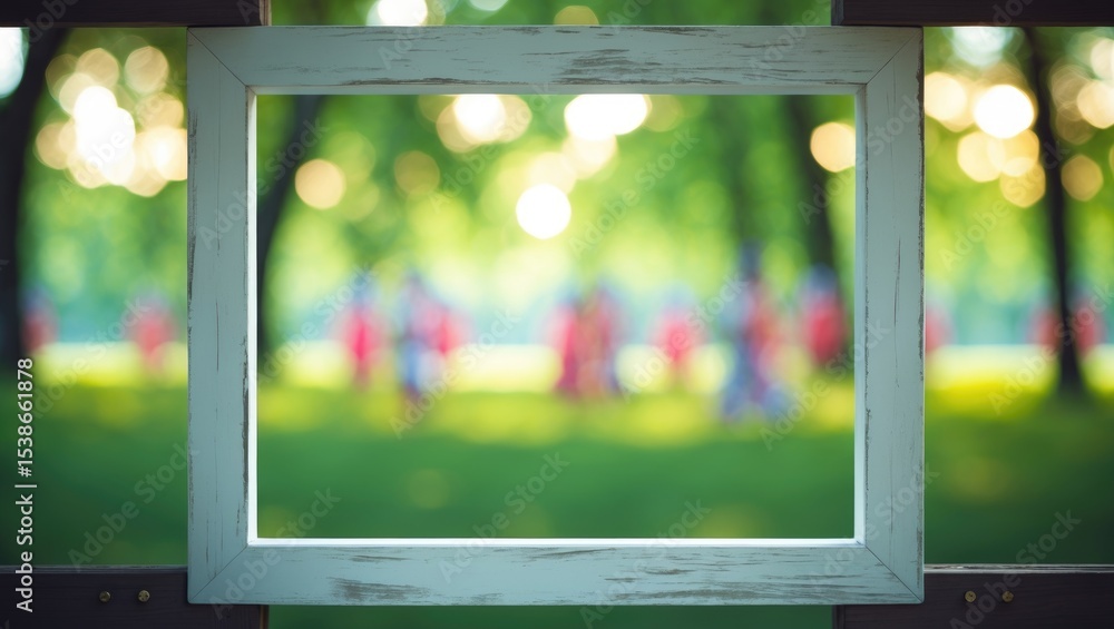 Aufkleber empty white table set against blurred trees with a bokeh background
