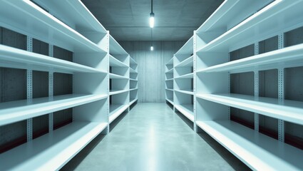 Obraz premium Empty warehouse racks and metal shelves in a storage room, illustrating storage concept.