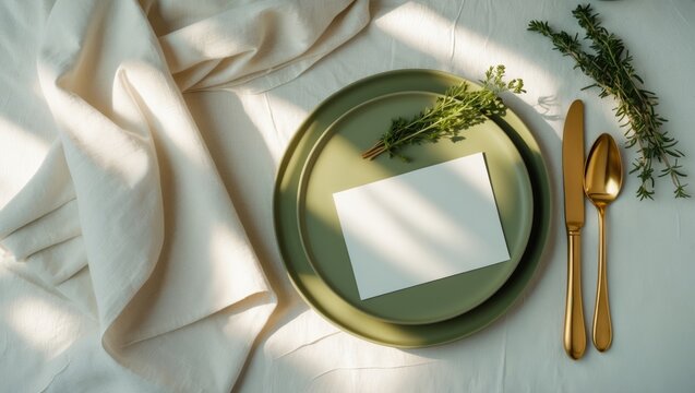 Empty menu, plates, cutlery, napkin, and floral decor arranged on a white wooden table, viewed from above