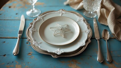 Empty plate, cutlery, napkin, and glass on rustic wooden background. Christmas table setting idea.