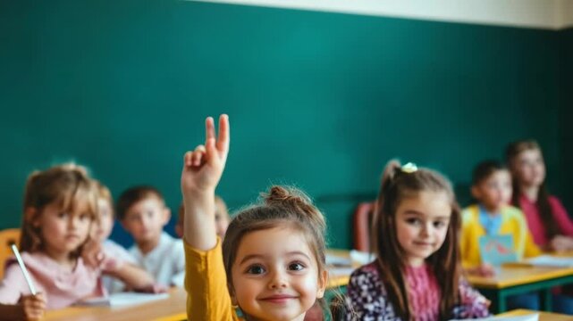 Enthusiastic Young Girl in Classroom Raising Hand to Answer Question