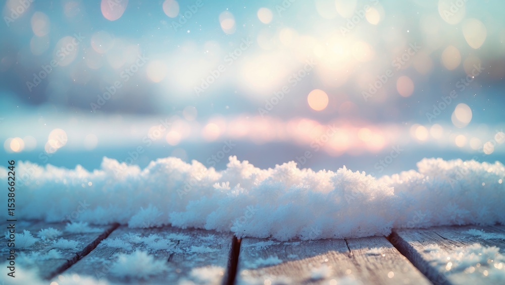 Poster empty winter background with a desk, creating a serene and minimalistic workspace setting.