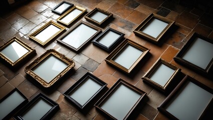 Empty photo frames placed on floor tiles