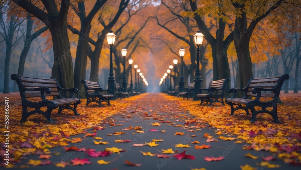 Poster fallen leaves carpeting an empty paved path meander through trees adorned with vibrant foliage, esta