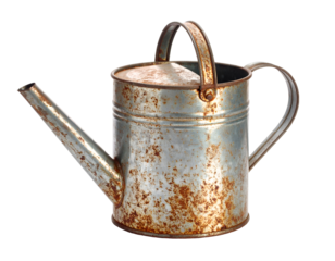 Rusty metal watering can with vintage design. Transparent background