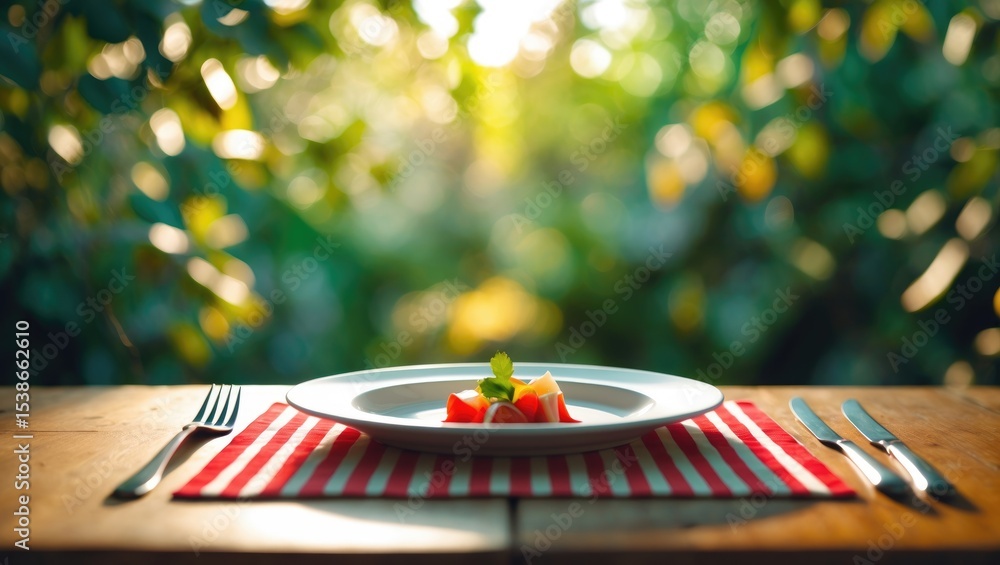 Aufkleber empty plate with silverware on wooden table against a bokeh background.