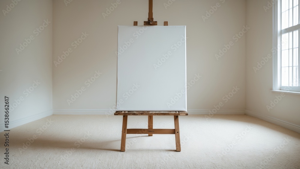 Poster empty white room with carpeted floor and an empty canvas on an easel.