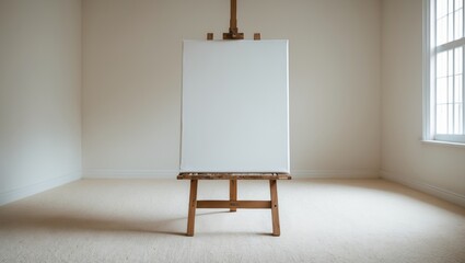 Empty white room with carpeted floor and an empty canvas on an easel.