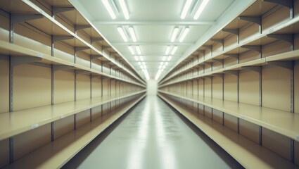 Empty white metal shelves in storage room with minimal equipment.