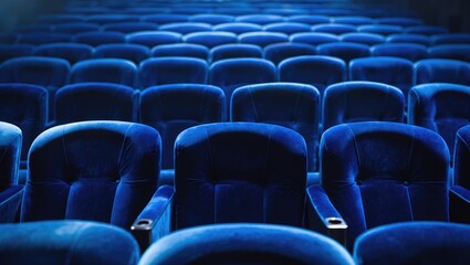 Fototapeta premium Empty blue cinema or theater seats with no occupants.