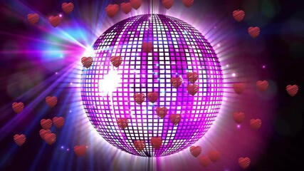 Rays bursting behind mirrored sphere causing red hearts rising, swirling around rotating sphere - Powered by Adobe