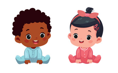 African Baby Boy and Asian Baby Girl Sitting – Cartoon Vector Illustration