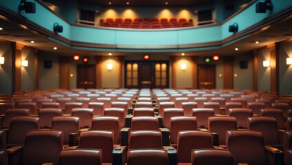 Empty classical theater with wooden chairs, showcasing an empty stage and traditional seating arrangements.