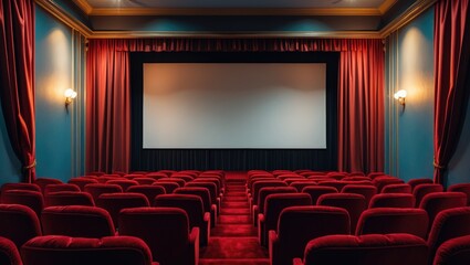 Empty cinema auditorium with line of chairs and projection screen. Prepared for inserting your own picture. Front perspective.